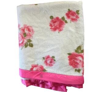 Vintage Fieldcrest Melody Rose Blanket Pink Satin Ribbon MCM Twin USA